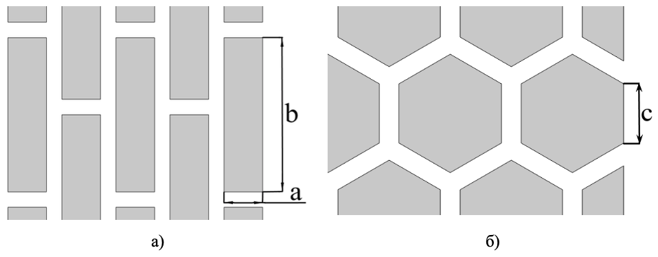 Рисунок 1 – Фрагменты управляющих электродов; серым цветом показана рабочая область фотокатода, белым цветом линии сетки.