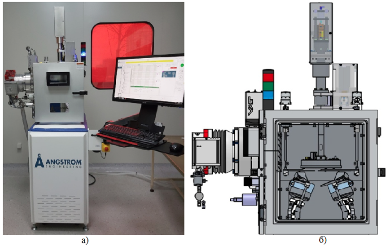 Рисунок 1. Внешний вид установки (а) и внешний вид рабочей камеры (б).