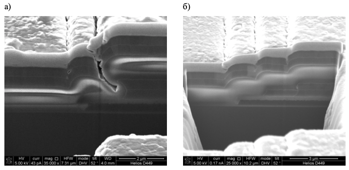 Рис. 2 (а) Изображение реза выполненного на участке, имеющем обрыв. (б) Изображение реза выполненного на пластине, с измененной шириной шин после второй литографии по первому слою металлизации